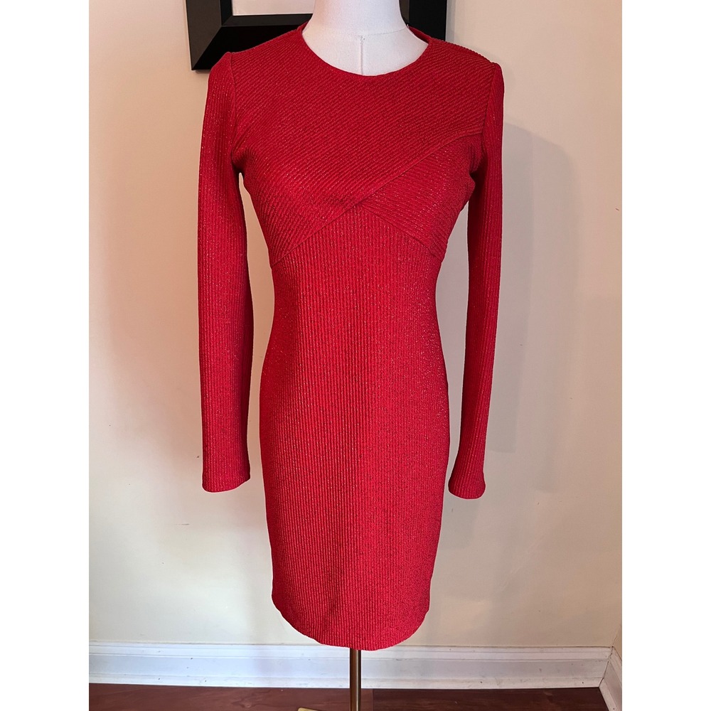 Shoshanna Red Metallic Knit Long Sleeve Bodycon Sheath Dress Size 4 - Picture 2 of 9